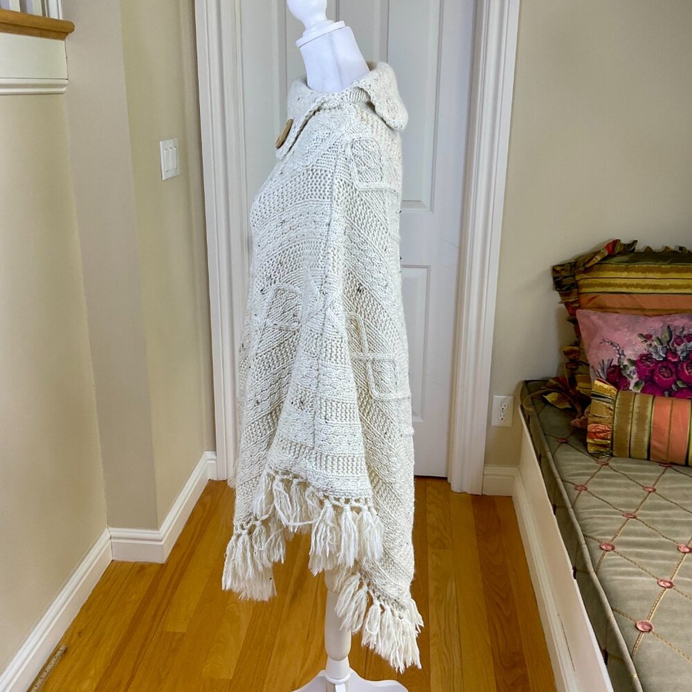 Chunky Knit Poncho Cape Fringe Button Ivory (OS) - Picture 4 of 10